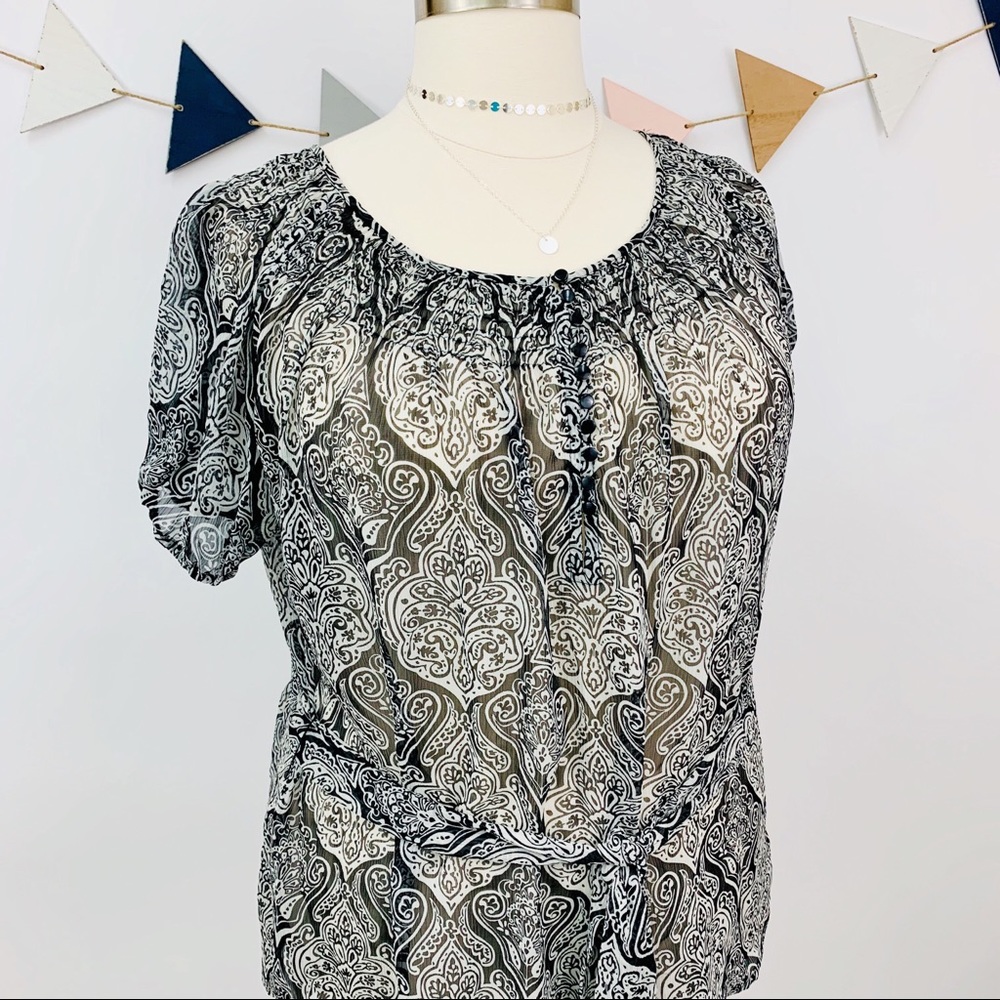 Semi-Sheer Paisley Print Top w/Tie Waist